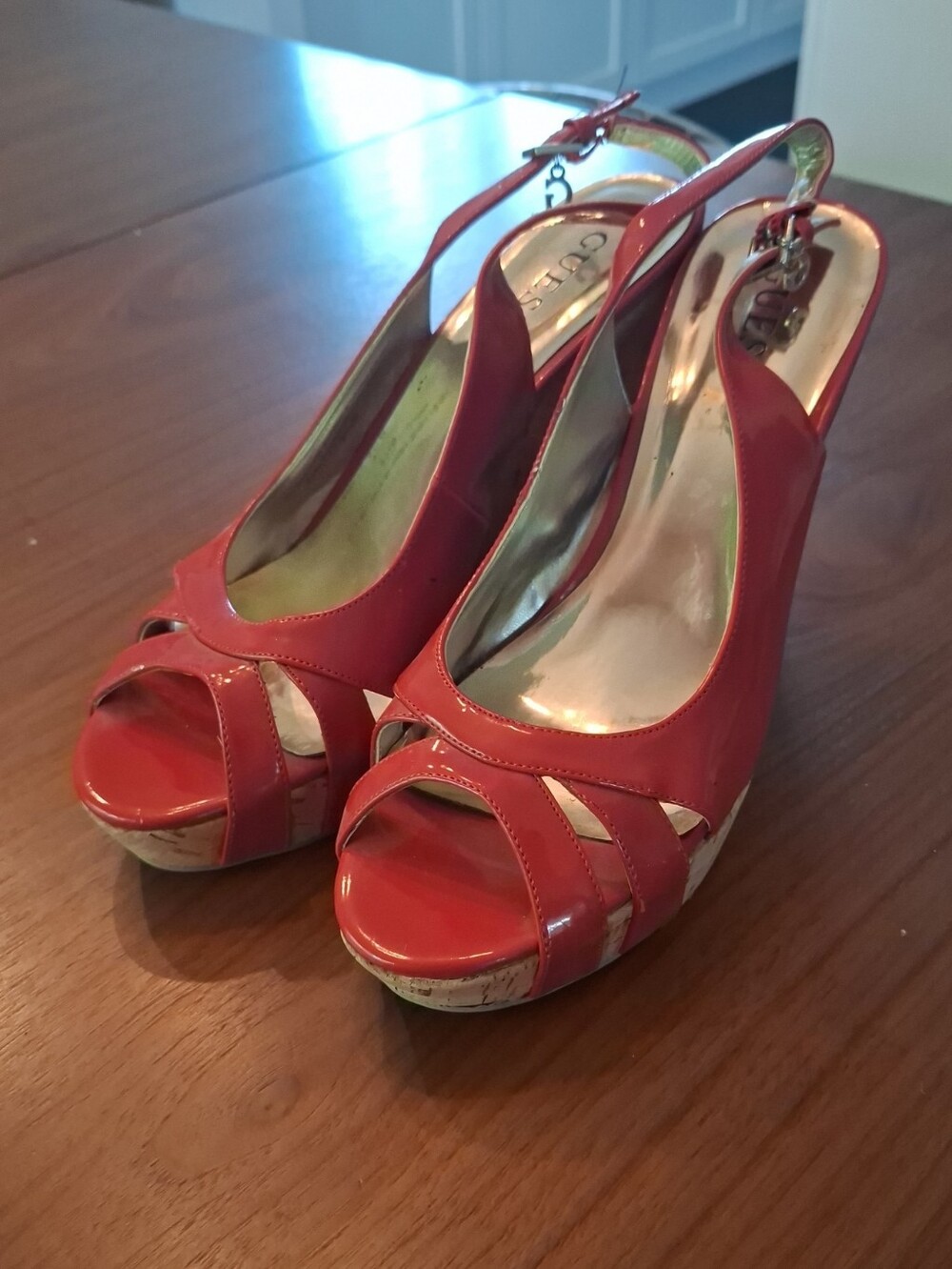 Guess Orange-Red Patent Peep-Toe Cork Wedge Sandals with Slingback